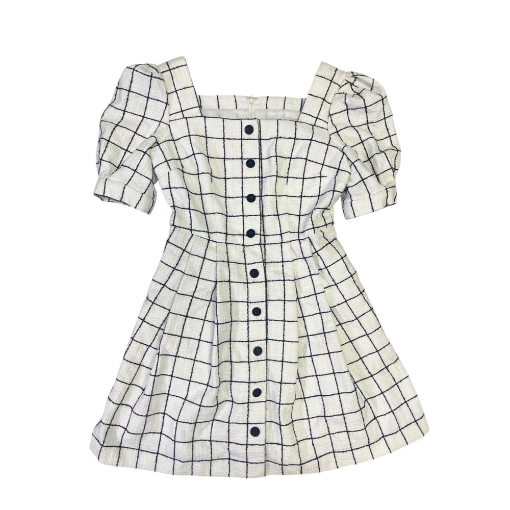 Gal‎ Meets Glam White Black Grid Square Neck Puff Sleeve Dress 2 Pockets Classy - Picture 4 of 13